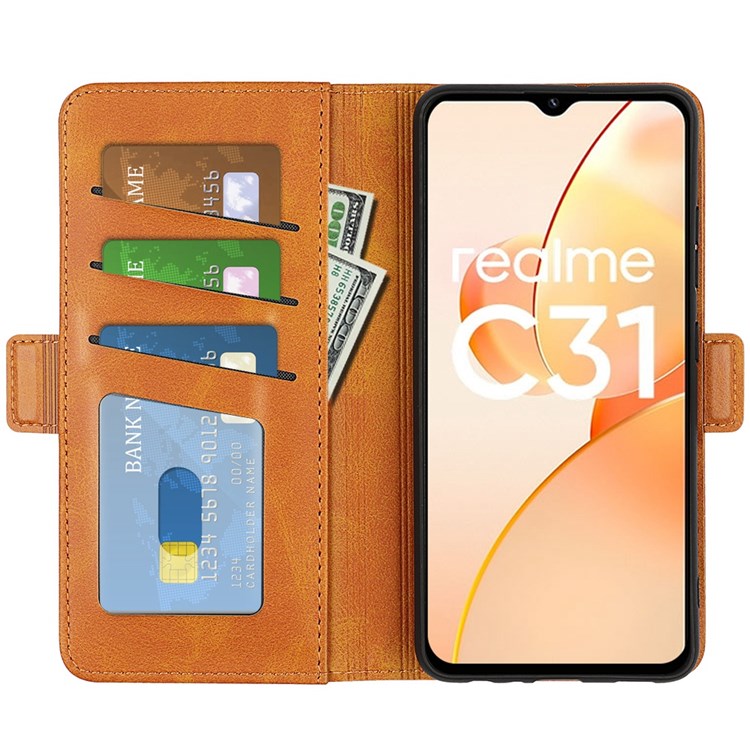 For Realme C31 4G Textured PU Leather Case Dual Magnetic Clasp Wallet Stand Shockproof Phone Case - Yellow