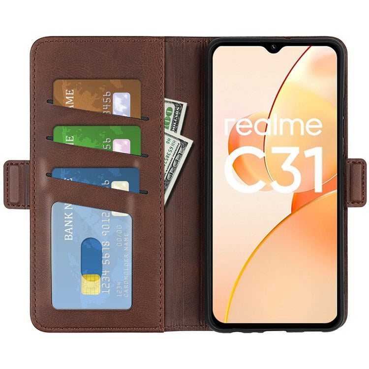 For Realme C31 4G Textured PU Leather Case Dual Magnetic Clasp Wallet Stand Shockproof Phone Case - Brown
