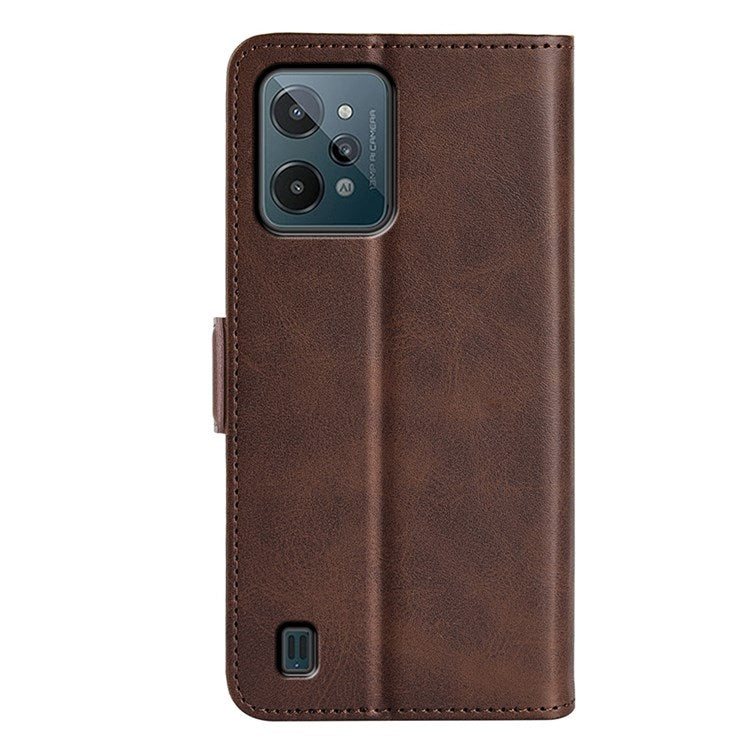 For Realme C31 4G Textured PU Leather Case Dual Magnetic Clasp Wallet Stand Shockproof Phone Case - Brown