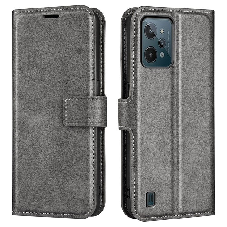 Textured PU Leather Stand Phone Case for Realme C31 4G, Square Magnetic Clasp Wallet Shell - Grey
