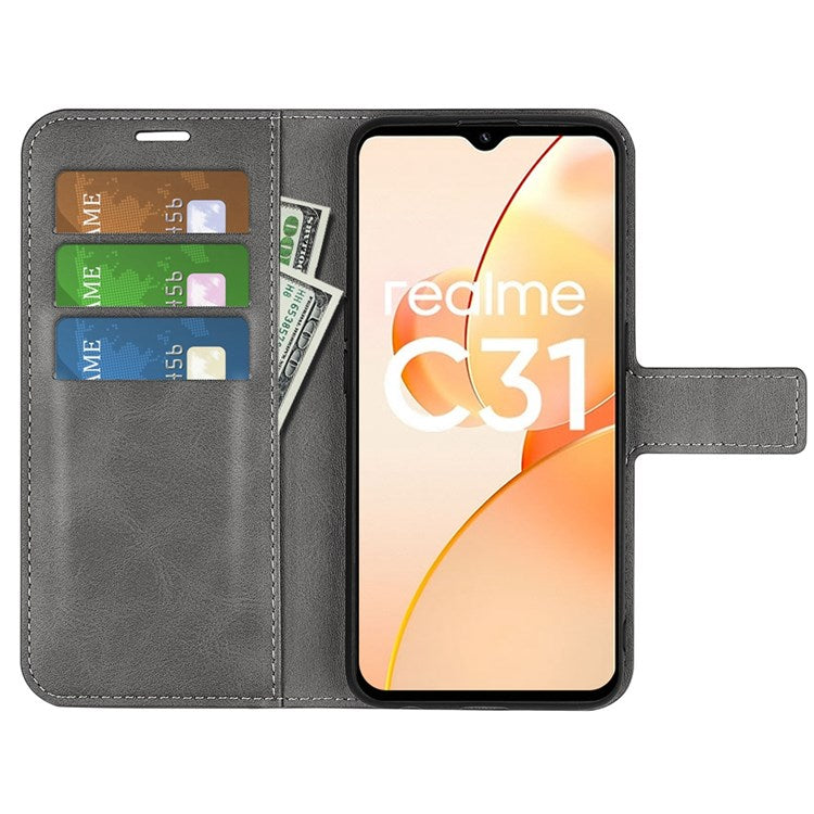 Textured PU Leather Stand Phone Case for Realme C31 4G, Square Magnetic Clasp Wallet Shell - Grey