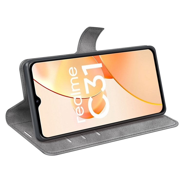 Textured PU Leather Stand Phone Case for Realme C31 4G, Square Magnetic Clasp Wallet Shell - Grey