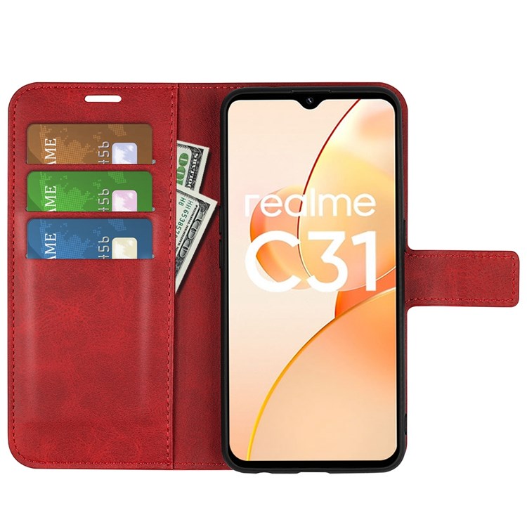 Textured PU Leather Stand Phone Case for Realme C31 4G, Square Magnetic Clasp Wallet Shell - Red