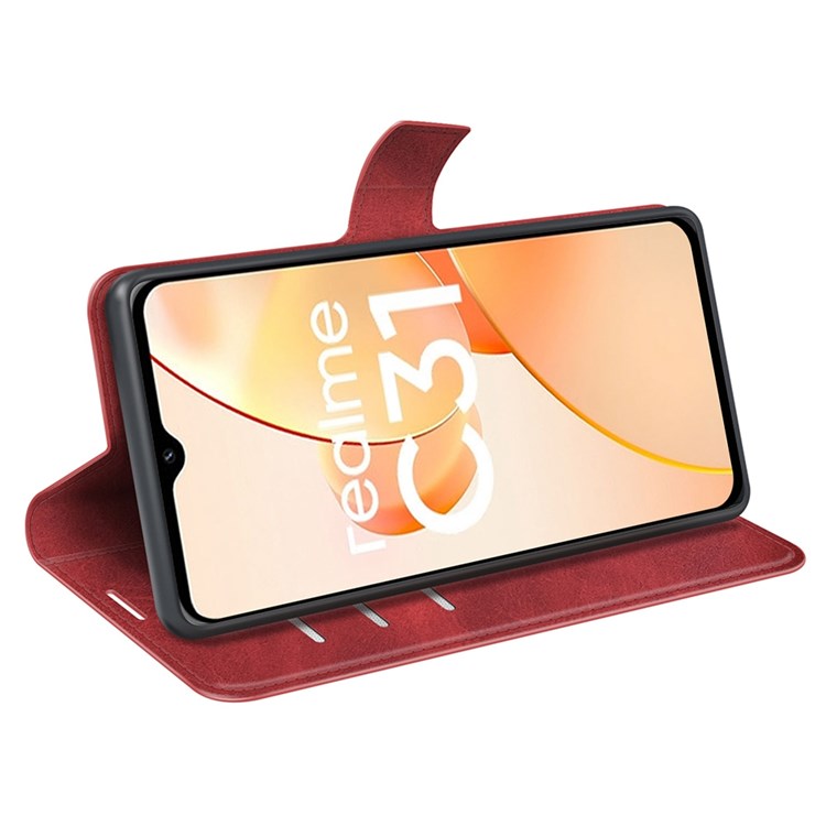 Textured PU Leather Stand Phone Case for Realme C31 4G, Square Magnetic Clasp Wallet Shell - Red