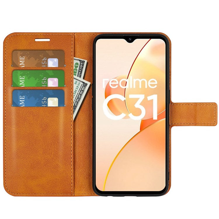 Textured PU Leather Stand Phone Case for Realme C31 4G, Square Magnetic Clasp Wallet Shell - Yellow