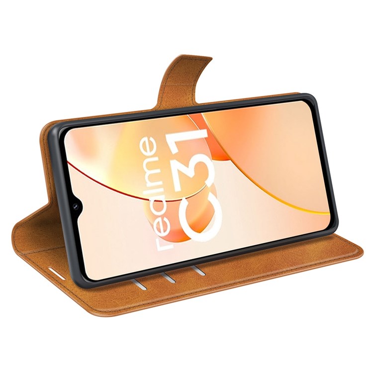 Textured PU Leather Stand Phone Case for Realme C31 4G, Square Magnetic Clasp Wallet Shell - Yellow