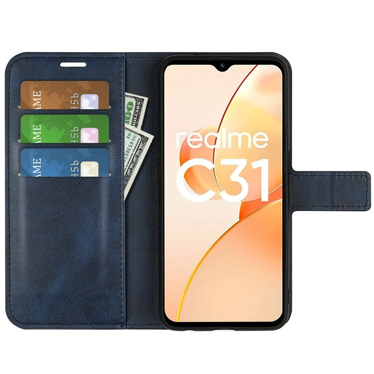 Textured PU Leather Stand Phone Case for Realme C31 4G, Square Magnetic Clasp Wallet Shell - Blue
