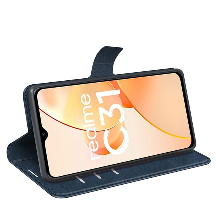 Textured PU Leather Stand Phone Case for Realme C31 4G, Square Magnetic Clasp Wallet Shell - Blue