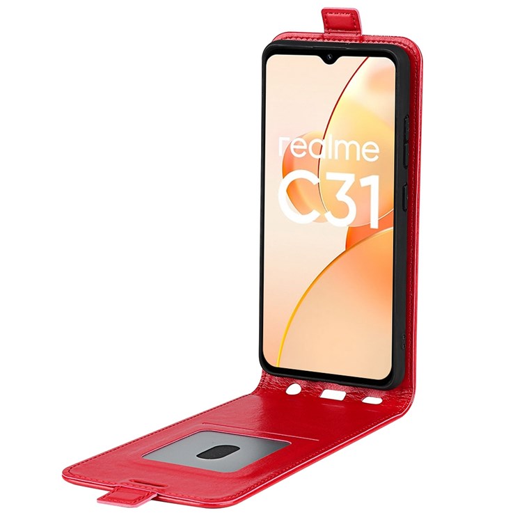Vertical Flip Leather Cover for Realme C31 4G, Crazy Horse Texture Card Holder Protective Case - Red
