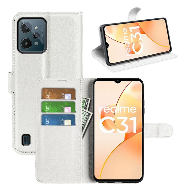 For Realme C31 4G Litchi Texture Stand Wallet Phone Cover PU Leather Case - White