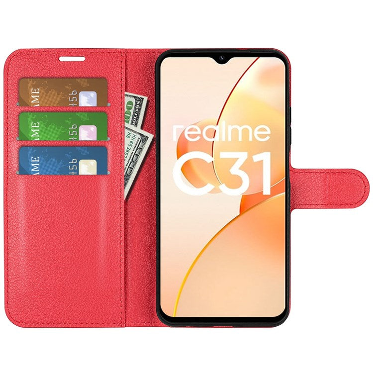 For Realme C31 4G Litchi Texture Stand Wallet Phone Cover PU Leather Case - Red