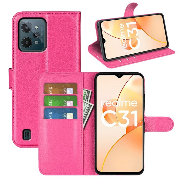 For Realme C31 4G Litchi Texture Stand Wallet Phone Cover PU Leather Case - Rose