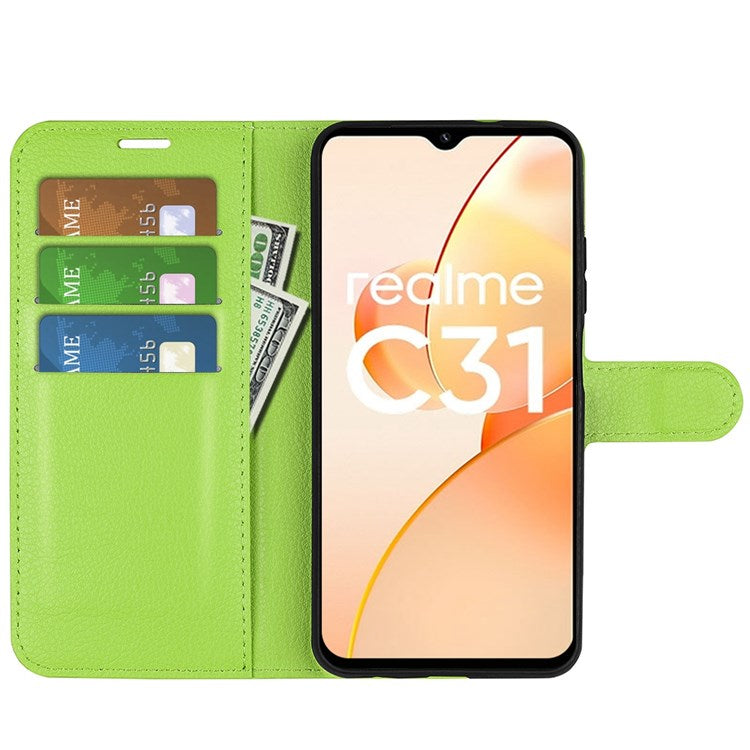 For Realme C31 4G Litchi Texture Stand Wallet Phone Cover PU Leather Case - Green