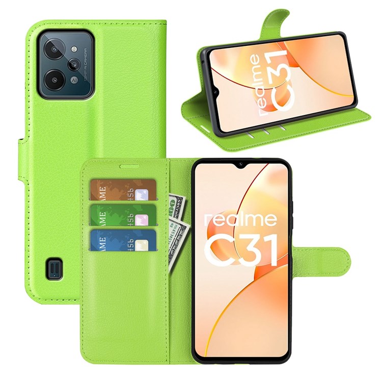 For Realme C31 4G Litchi Texture Stand Wallet Phone Cover PU Leather Case - Green