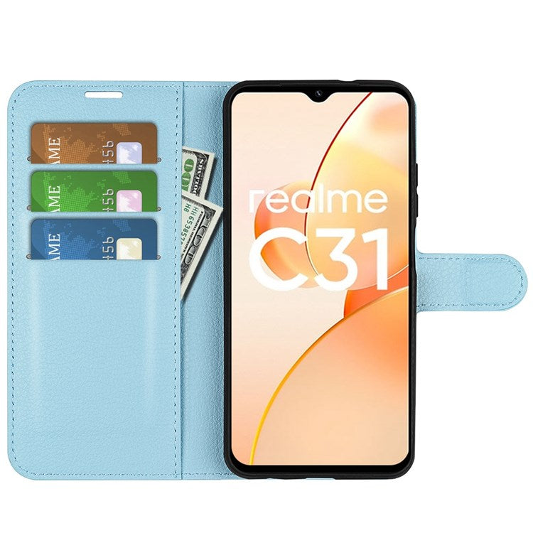 For Realme C31 4G Litchi Texture Stand Wallet Phone Cover PU Leather Case - Blue