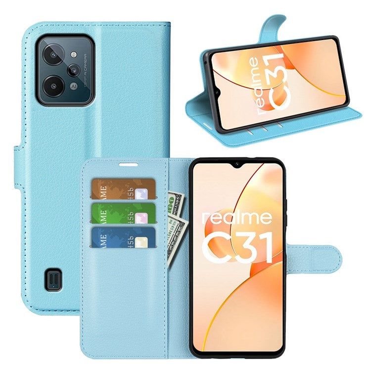 For Realme C31 4G Litchi Texture Stand Wallet Phone Cover PU Leather Case - Blue