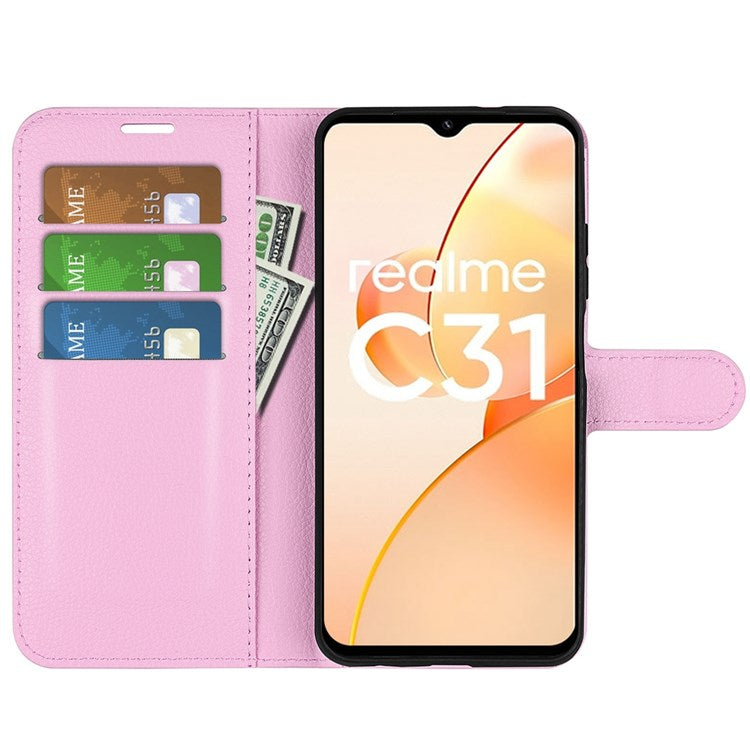 For Realme C31 4G Litchi Texture Stand Wallet Phone Cover PU Leather Case - Pink