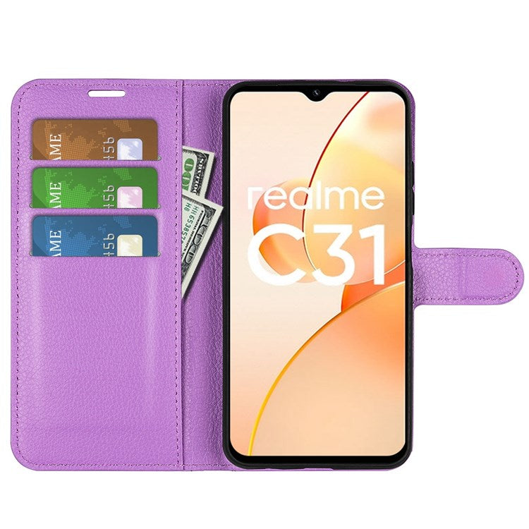 For Realme C31 4G Litchi Texture Stand Wallet Phone Cover PU Leather Case - Purple