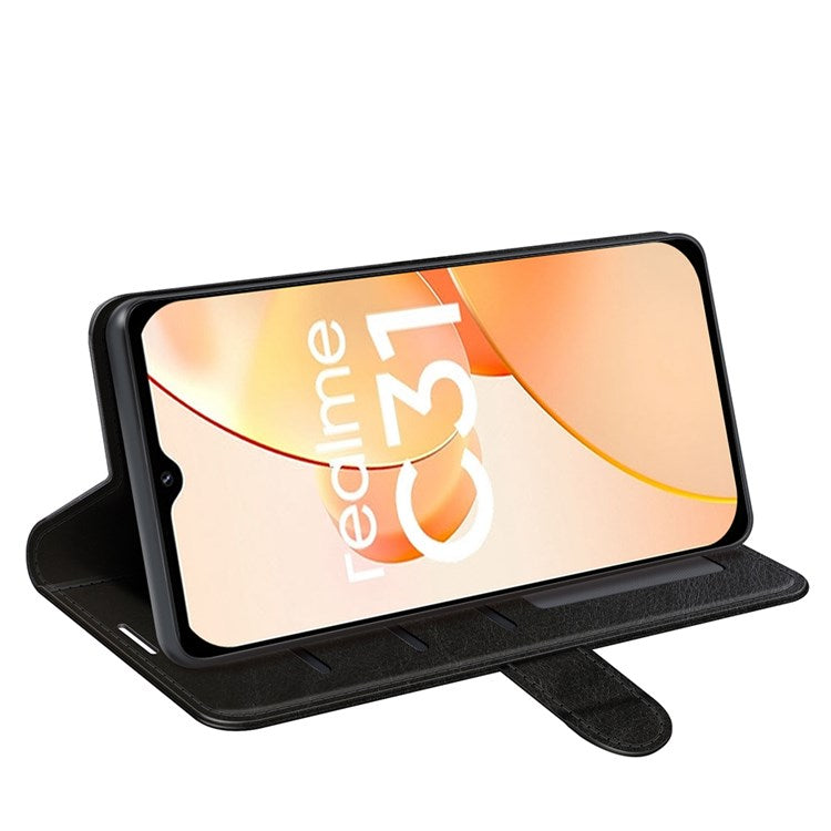 For Realme C31 4G Crazy Horse Texture Protective Cover PU Leather + TPU Wallet Stand Case - Black
