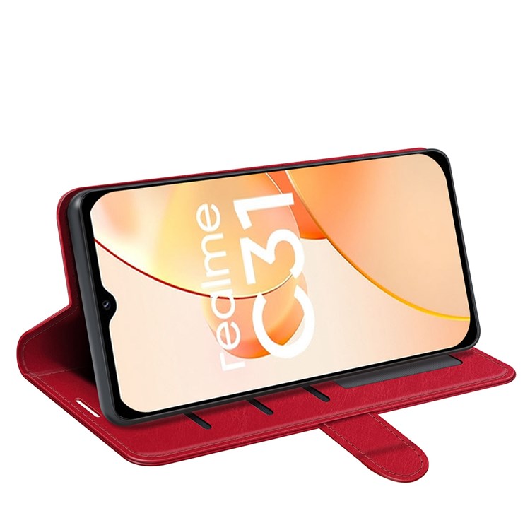 For Realme C31 4G Crazy Horse Texture Protective Cover PU Leather + TPU Wallet Stand Case - Red