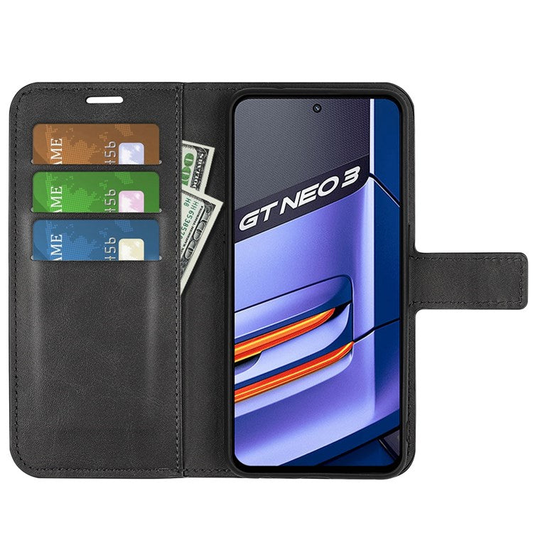 For Realme GT Neo3 Textured PU Leather Square Magnetic Clasp Cover Stand Wallet Phone Case - Black