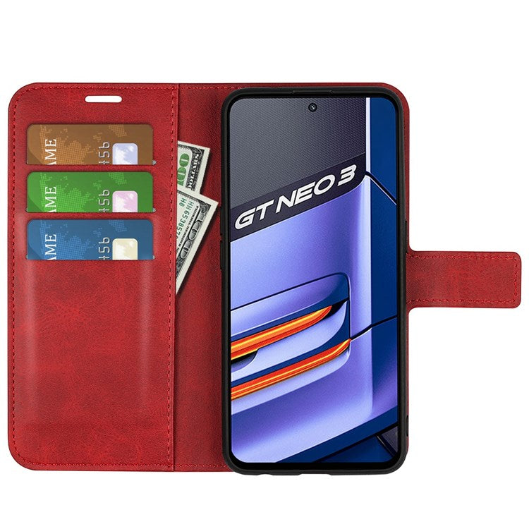 For Realme GT Neo3 Textured PU Leather Square Magnetic Clasp Cover Stand Wallet Phone Case - Red