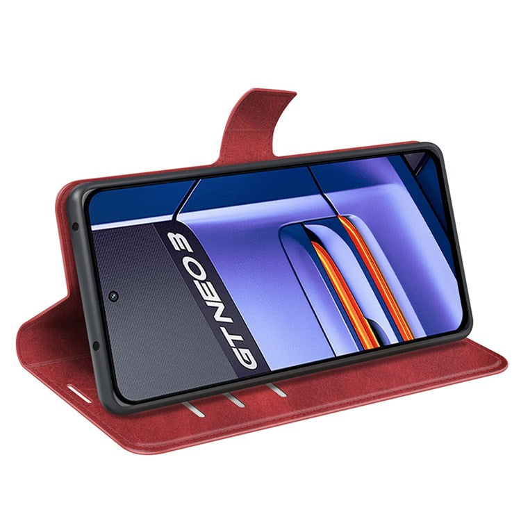 For Realme GT Neo3 Textured PU Leather Square Magnetic Clasp Cover Stand Wallet Phone Case - Red