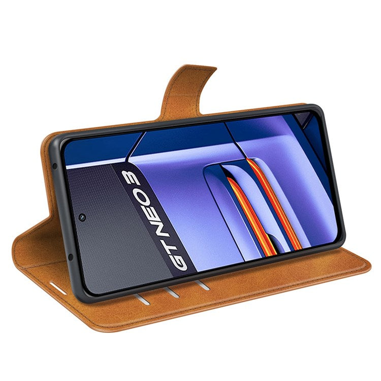 For Realme GT Neo3 Textured PU Leather Square Magnetic Clasp Cover Stand Wallet Phone Case - Yellow