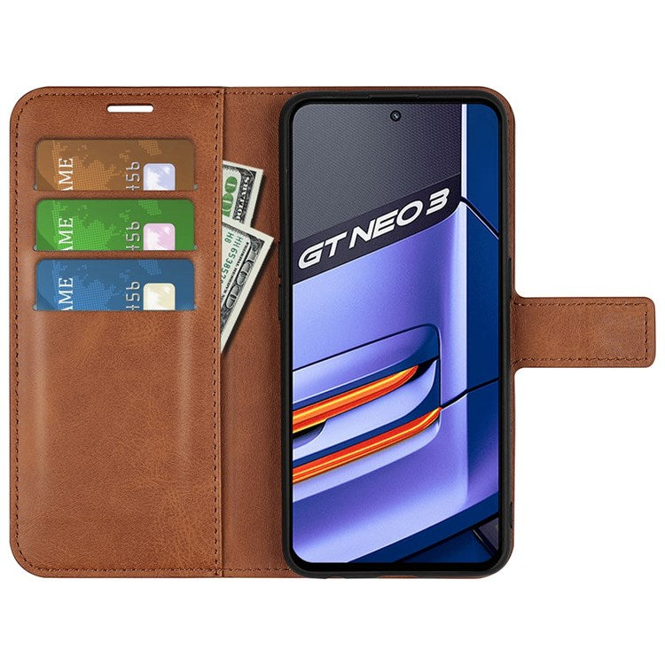 For Realme GT Neo3 Textured PU Leather Square Magnetic Clasp Cover Stand Wallet Phone Case - Light Brown