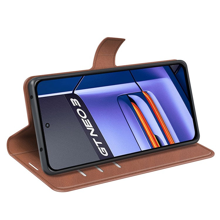 For Realme GT Neo3 Textured PU Leather Square Magnetic Clasp Cover Stand Wallet Phone Case - Light Brown