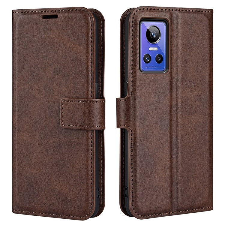 For Realme GT Neo3 Textured PU Leather Square Magnetic Clasp Cover Stand Wallet Phone Case - Brown