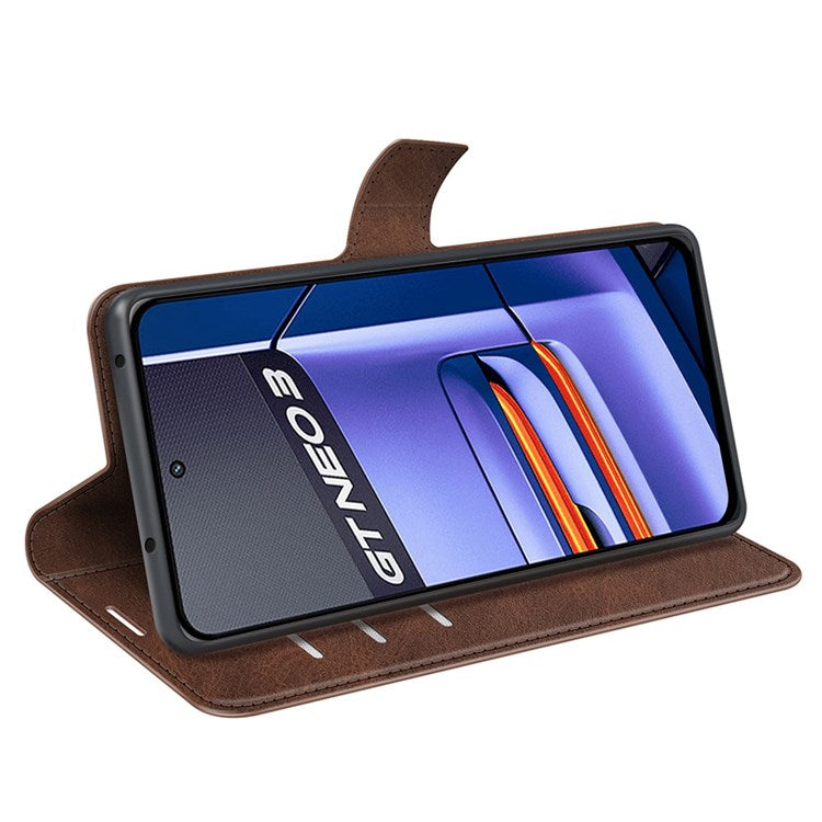 For Realme GT Neo3 Textured PU Leather Square Magnetic Clasp Cover Stand Wallet Phone Case - Brown