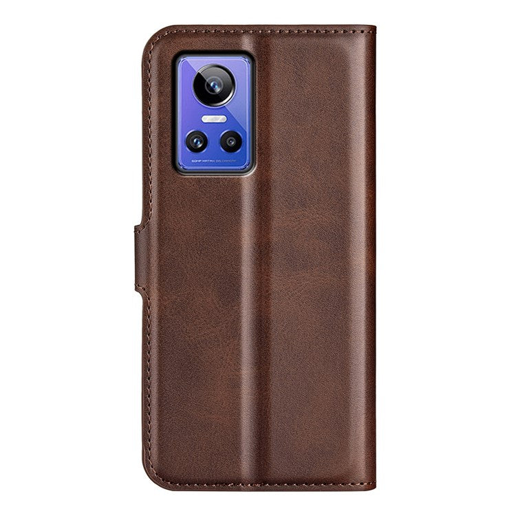 For Realme GT Neo3 Textured PU Leather Square Magnetic Clasp Cover Stand Wallet Phone Case - Brown