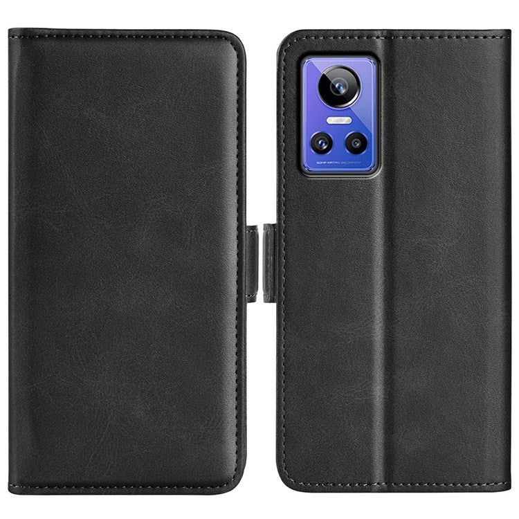 For Realme GT Neo3 Textured PU Leather Wallet Protective Cover Dual Magnetic Clasp Adjustable Stand Phone Case - Black