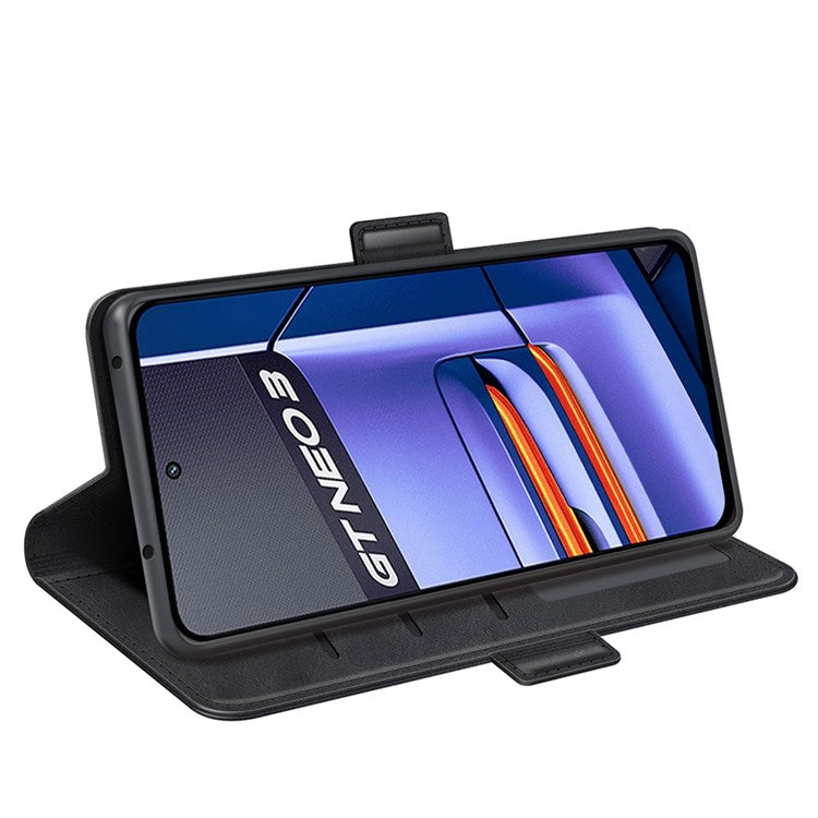 For Realme GT Neo3 Textured PU Leather Wallet Protective Cover Dual Magnetic Clasp Adjustable Stand Phone Case - Black