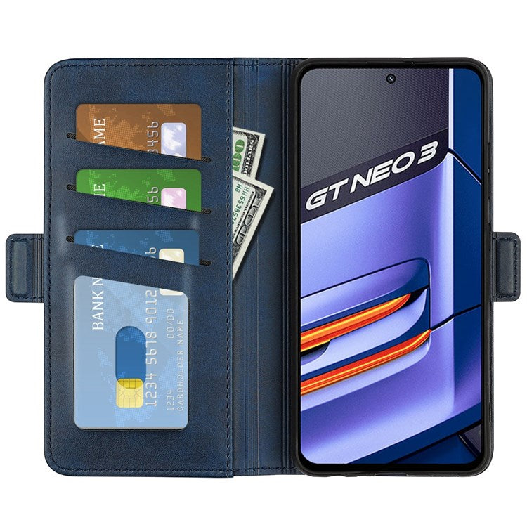 For Realme GT Neo3 Textured PU Leather Wallet Protective Cover Dual Magnetic Clasp Adjustable Stand Phone Case - Blue