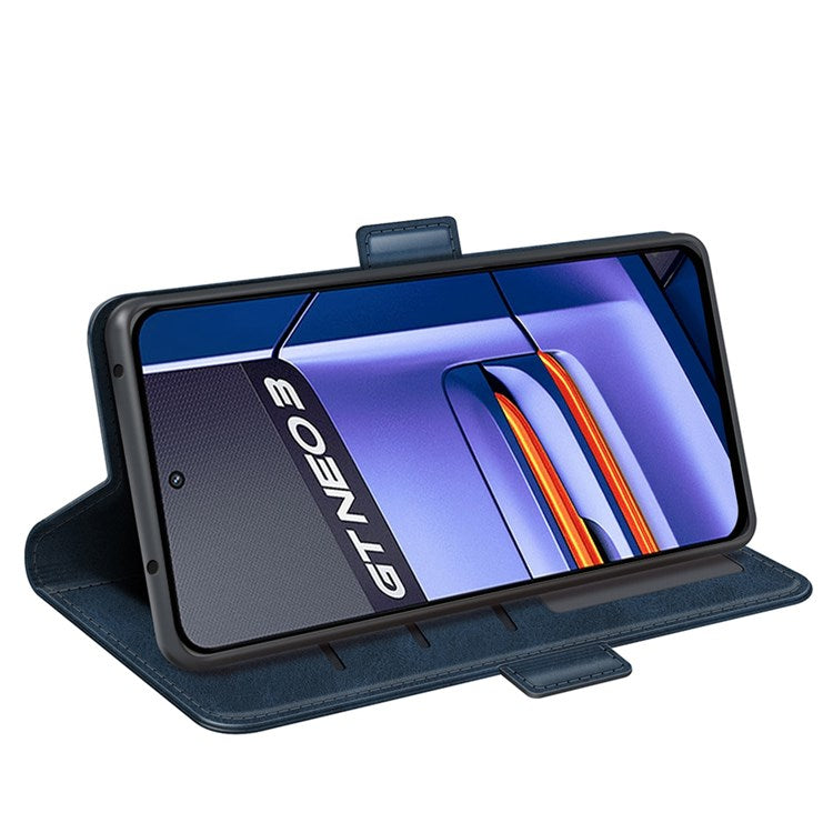 For Realme GT Neo3 Textured PU Leather Wallet Protective Cover Dual Magnetic Clasp Adjustable Stand Phone Case - Blue