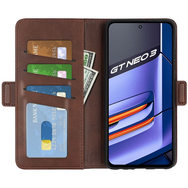 For Realme GT Neo3 Textured PU Leather Wallet Protective Cover Dual Magnetic Clasp Adjustable Stand Phone Case - Brown