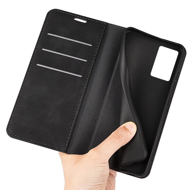 PU Leather Skin-touch Feeling Phone Case for Realme GT Neo3, Magnetic Auto-absorbed Wallet Stand Shell - Black