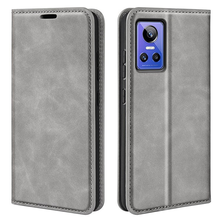 PU Leather Skin-touch Feeling Phone Case for Realme GT Neo3, Magnetic Auto-absorbed Wallet Stand Shell - Grey