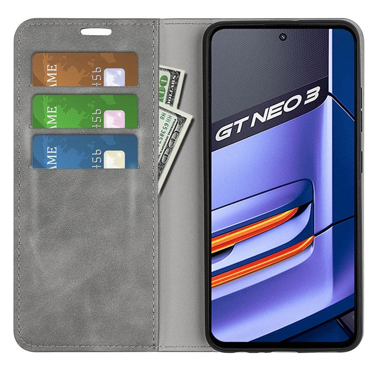 PU Leather Skin-touch Feeling Phone Case for Realme GT Neo3, Magnetic Auto-absorbed Wallet Stand Shell - Grey