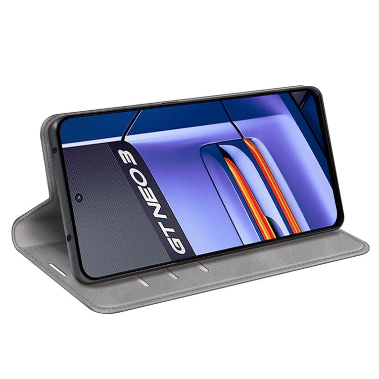 PU Leather Skin-touch Feeling Phone Case for Realme GT Neo3, Magnetic Auto-absorbed Wallet Stand Shell - Grey