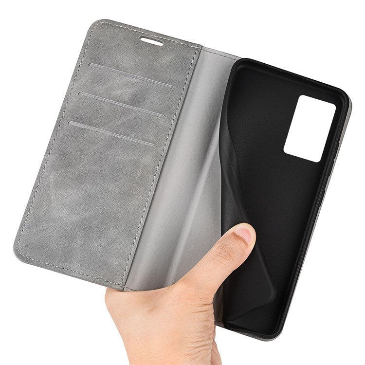 PU Leather Skin-touch Feeling Phone Case for Realme GT Neo3, Magnetic Auto-absorbed Wallet Stand Shell - Grey