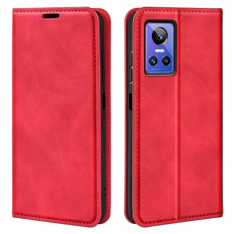 PU Leather Skin-touch Feeling Phone Case for Realme GT Neo3, Magnetic Auto-absorbed Wallet Stand Shell - Red