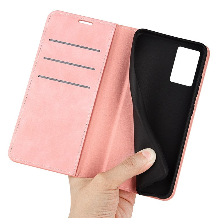 PU Leather Skin-touch Feeling Phone Case for Realme GT Neo3, Magnetic Auto-absorbed Wallet Stand Shell - Pink