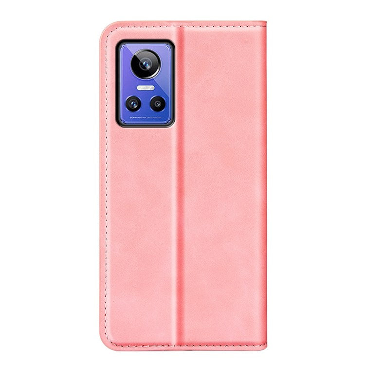 PU Leather Skin-touch Feeling Phone Case for Realme GT Neo3, Magnetic Auto-absorbed Wallet Stand Shell - Pink