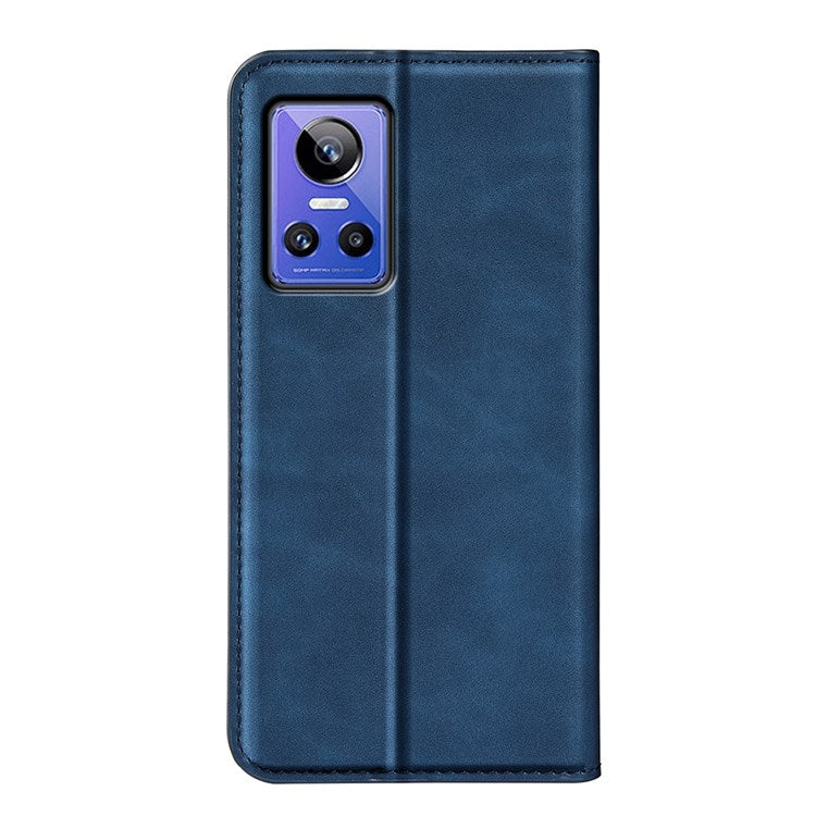 PU Leather Skin-touch Feeling Phone Case for Realme GT Neo3, Magnetic Auto-absorbed Wallet Stand Shell - Blue