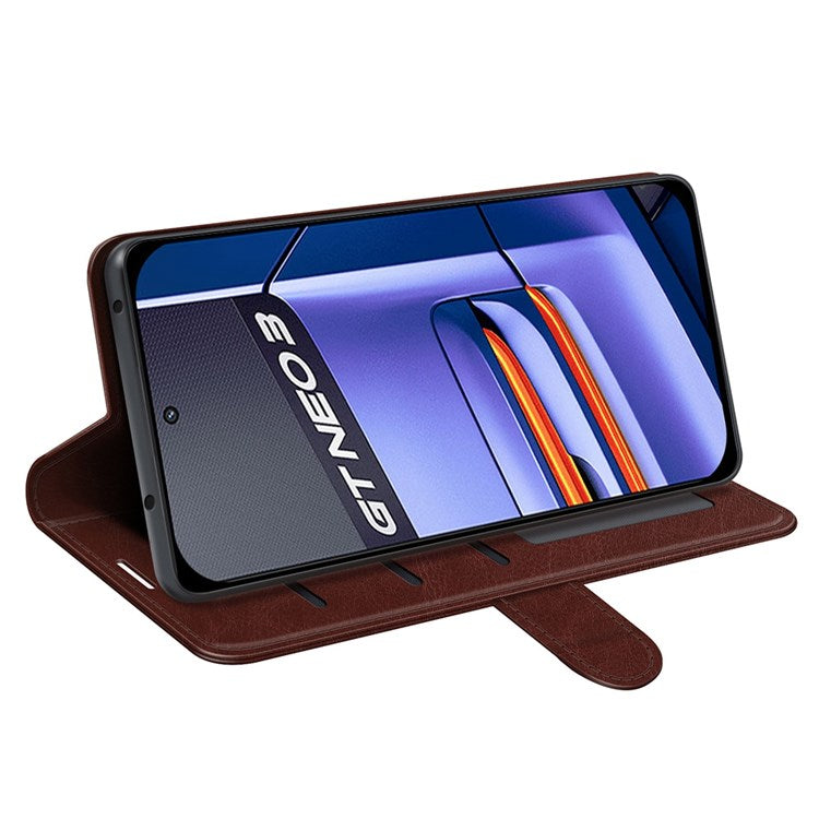 For Realme GT Neo3 Shockproof Crazy Horse Texture Case PU Leather Wallet Stand Protective Phone Cover - Brown