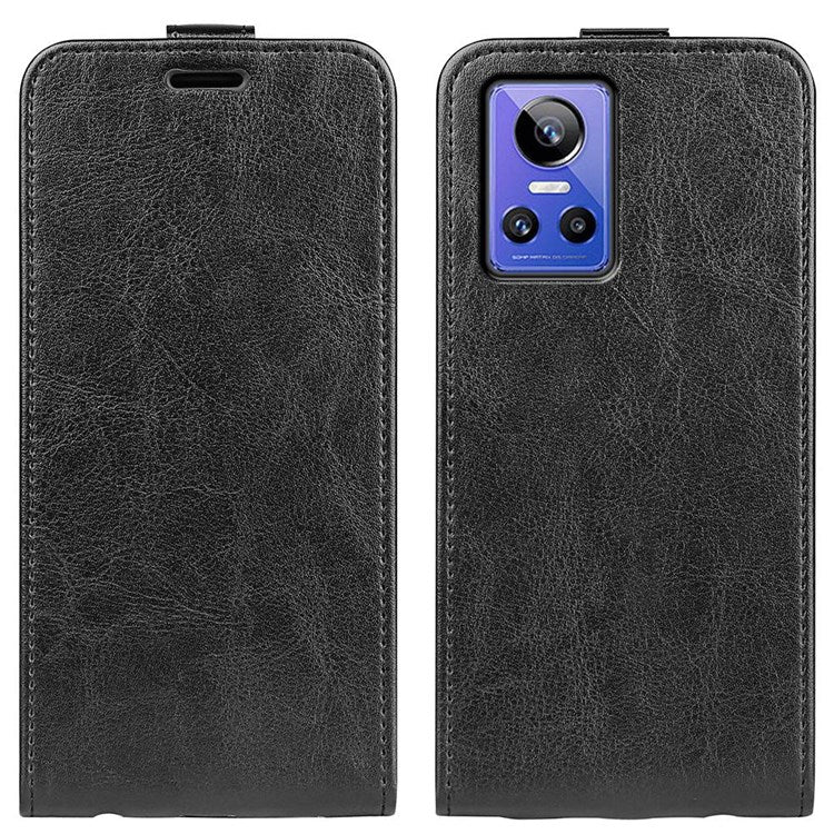 For Realme GT Neo3 Crazy Horse Texture PU Leather Cover Vertical Flip Card Holder Phone Case - Black