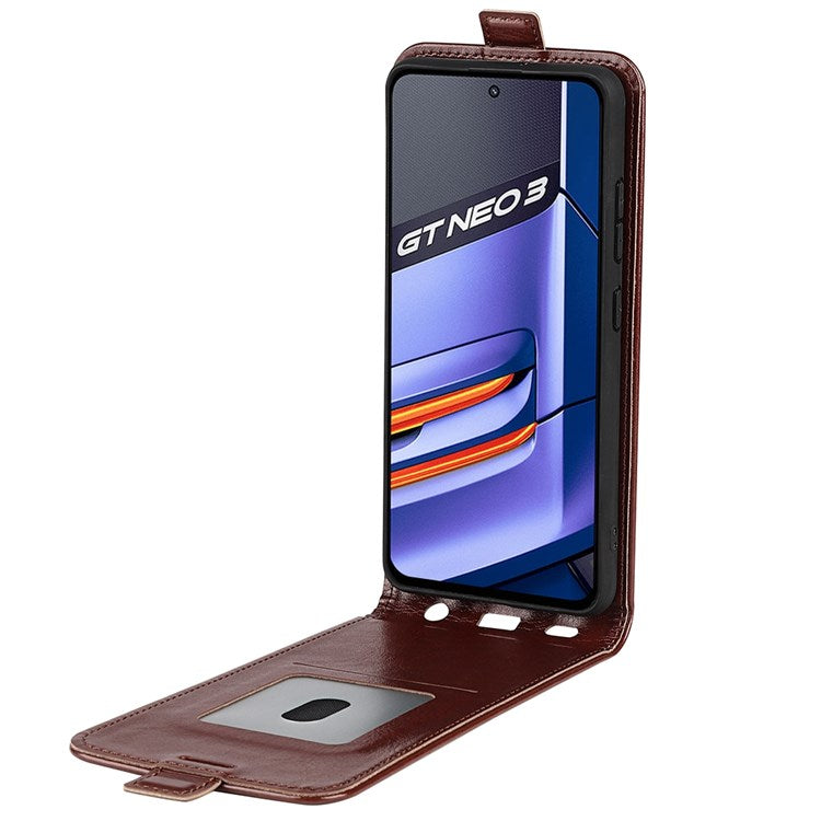 For Realme GT Neo3 Crazy Horse Texture PU Leather Cover Vertical Flip Card Holder Phone Case - Brown